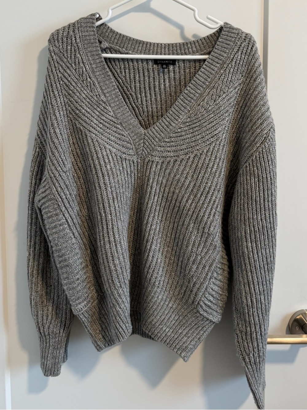 Dynamite Ribbed V-Neck Knit Sweater - Gray